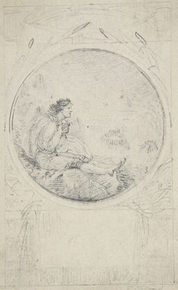 Seated man in circular medallion (design for a book illustration)