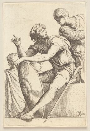 Seated Soldier with Shield and Two Other Figures