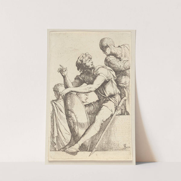 Seated Soldier with Shield and Two Other Figures by Salvator Rosa