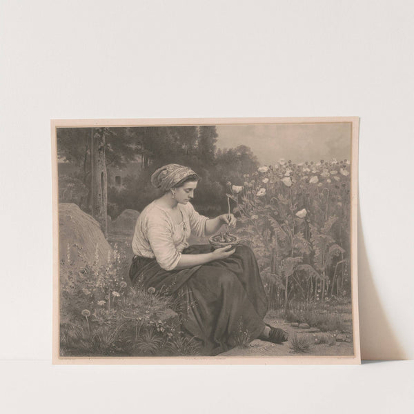 Seated woman feeding young birds in a nest by Emile Lassalle