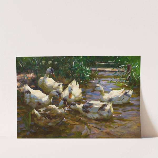 Sechs Enten in blauem Schilfwasser by Alexander Koester