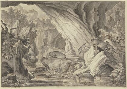 Sechs Fischotter in einer Felsenhöhle am Wasser (1736)