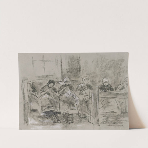 Sechs nähende holländische Mädchen vor einer Hauswand (ca 1887) by Max Liebermann