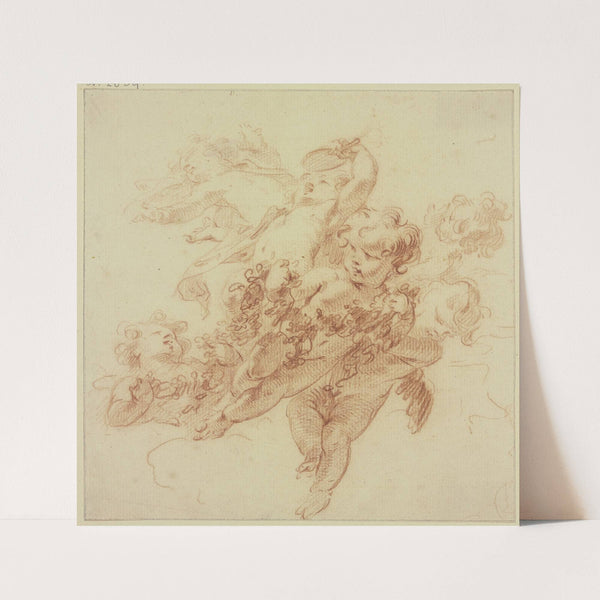 Sechs schwebende Amoretten, eine Girlande tragend by Jacob de Wit