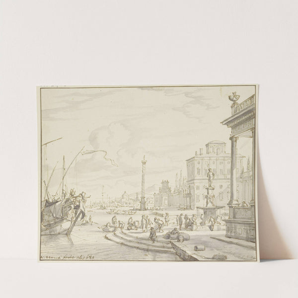 Seehafen mit einem Brunnen und einer Säule by Abraham Storck