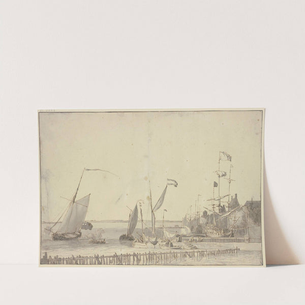 Seehafen, vorne querüber ein Holzgitter by Ludolf Backhuysen