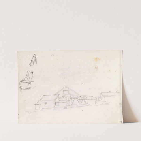 Seilbåt; gårdsbygninger by Hans Gude