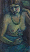 Selbstporträt in Blau (Halbakt mit Perlenkette)