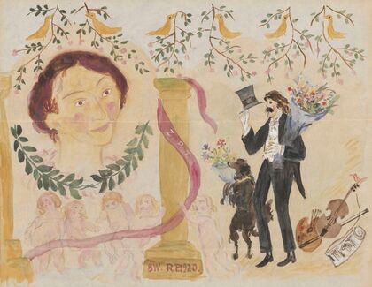 Self-portrait of painter with a bunch of flowers and dog (1920)
