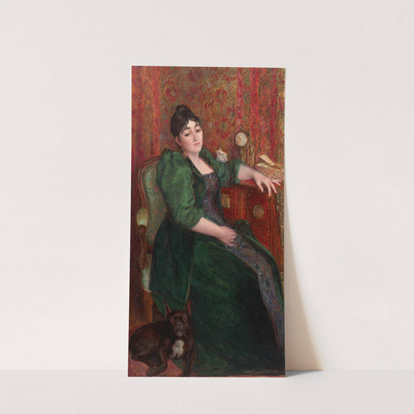 Self-portrait of the artist in an armchair with Bob, her French bulldog (1892) by Marie Bracquemond