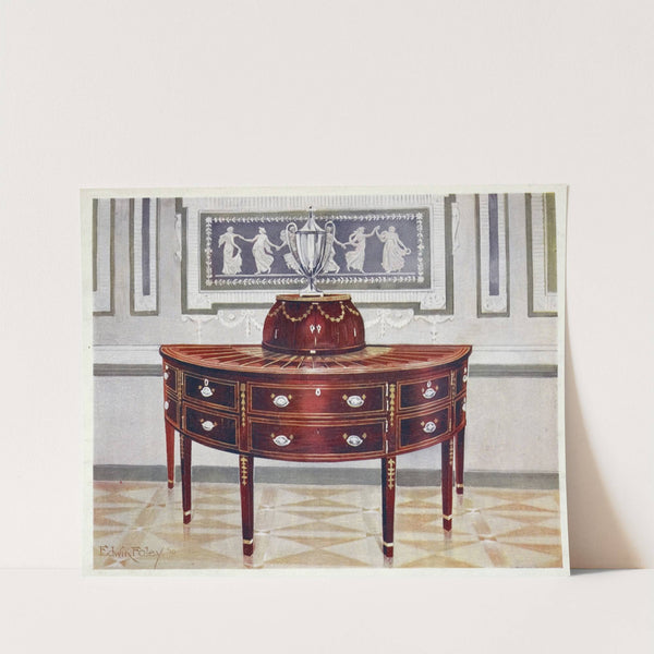 Semi-circular mahogany sideboard and knife-box. Inlaid and banded with satinwood, mahogany, and ebony by Edwin Foley