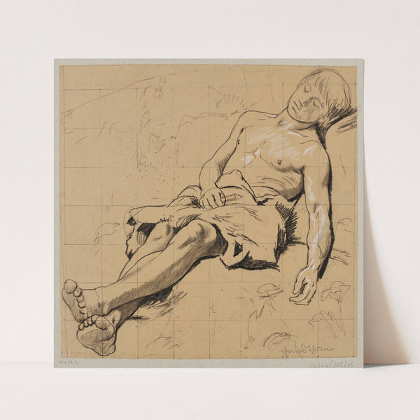 Semi-Nude Shepherd in a Leather Loincloth, Sleeping in a Meadow (1886) by Hans Thoma