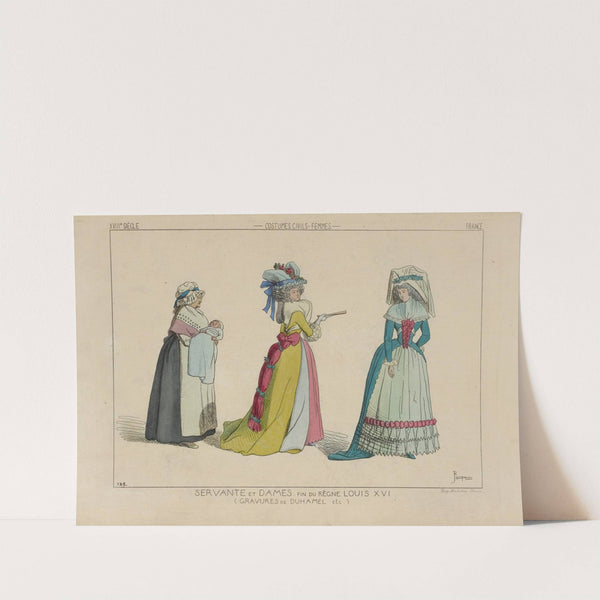 Servante et dames. Fin du règne Louis XVI. (Gravures du Duhamel etc.) XVIIIe siècle, costumes civils, femmes, France. by Raphaël Jacquemin
