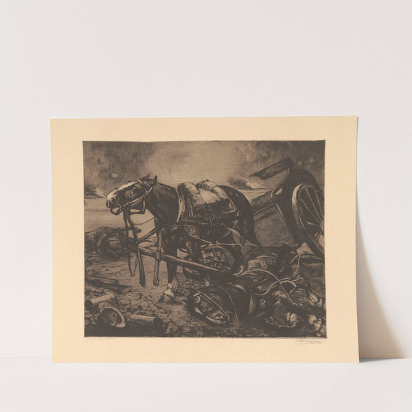 Seul ; Cheval hennissant sur un champ de bataille, à demi-attelé à un canon à côté de lui un autre cheval mort by Constant Eugène de Busschere