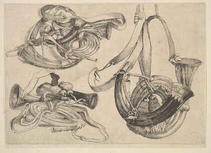 Seven hunting horns in three groupings (1647) — size preview