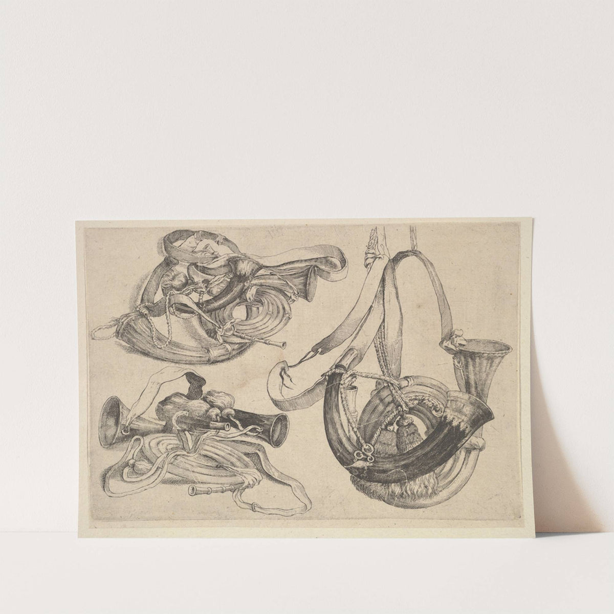 Seven hunting horns in three groupings (1647) by Wenceslaus Hollar