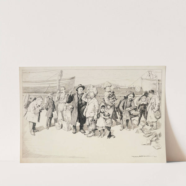 Several historical figures standing on a dock, including Mark Twain, Joel Chandler Harris, and Frances Hodgson Burkett. (1897) by William Henry Walker