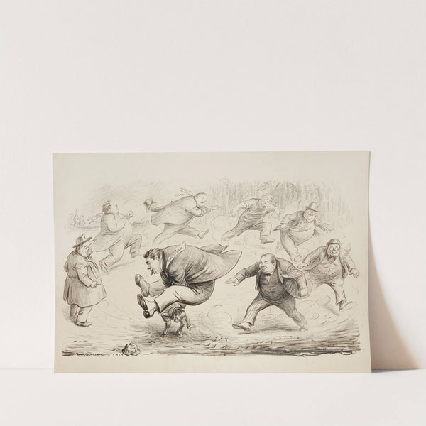 Several large men run in a circle and jump over a small man representing the public, oppressing him (1920) by William Henry Walker