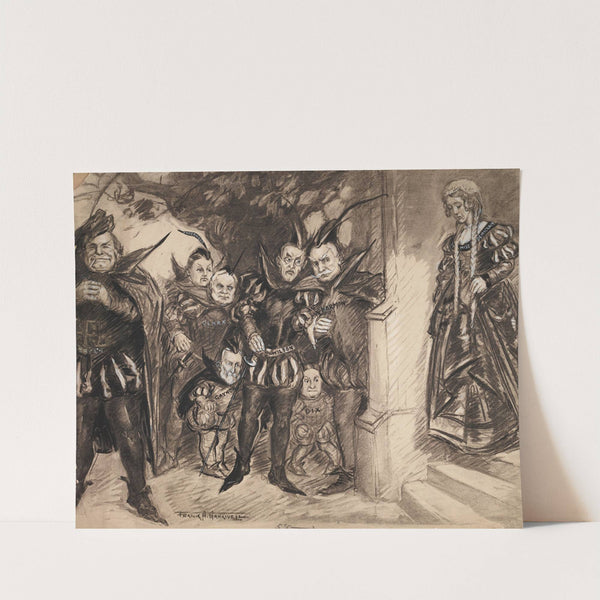 Several men dressed as villains with rapiers, waiting for innocent Miss Democracy as she comes down the stairs (1912) by Frank Arthur Nankivell