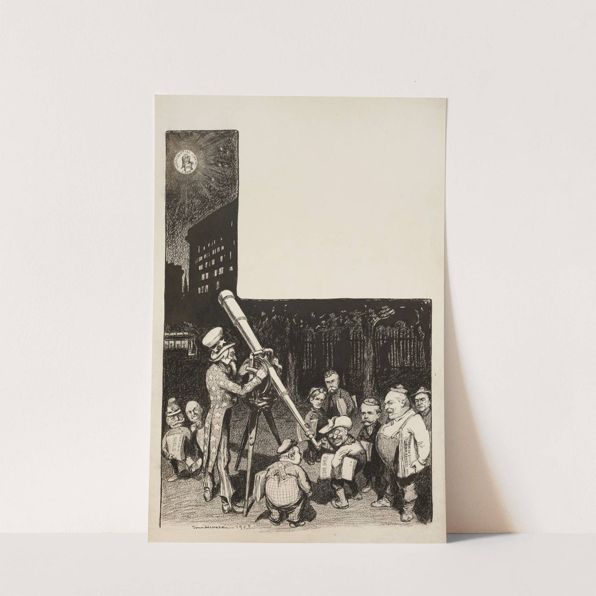 Several men line up to see through a telescope run by Uncle Sam to look at the moon, which has on it the Presidential chair (1903) by William Henry Walker