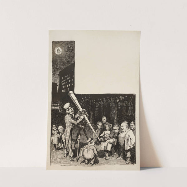 Several men line up to see through a telescope run by Uncle Sam to look at the moon, which has on it the Presidential chair (1903) by William Henry Walker