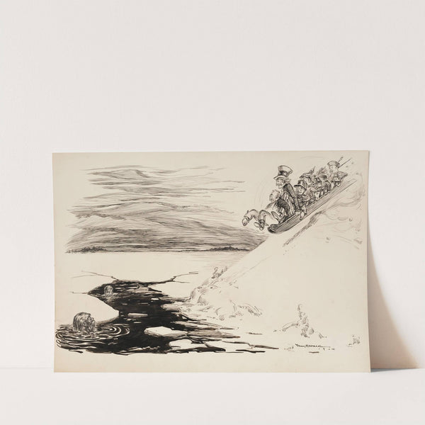 Several men on a toboggan slide down a slope towards a hole in the ice below (1904) by William Henry Walker