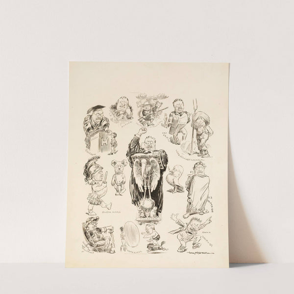 Several portraits of Theodore Roosevelt in different professions. In the center portrait, he is speaking at a podium. (1908) by William Henry Walker