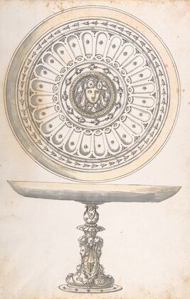 Shallow Round Dish on tall Pedestal Decorated with Fruit and Female Masks