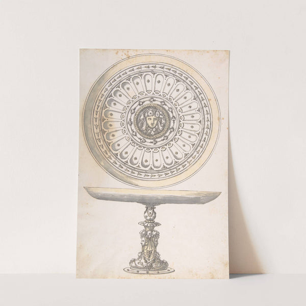 Shallow Round Dish on tall Pedestal Decorated with Fruit and Female Masks by Erasmus Hornick