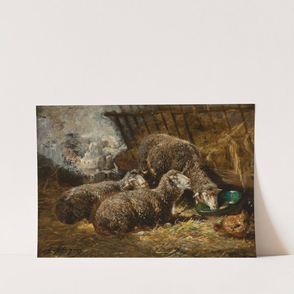 Sheep and chickens in a stable by Charles Emile Jacque