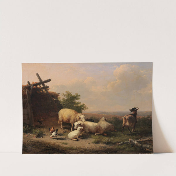 Sheep, goat and poultry by a shelter in a hilly landscape (1874) by Eugène Joseph Verboeckhoven
