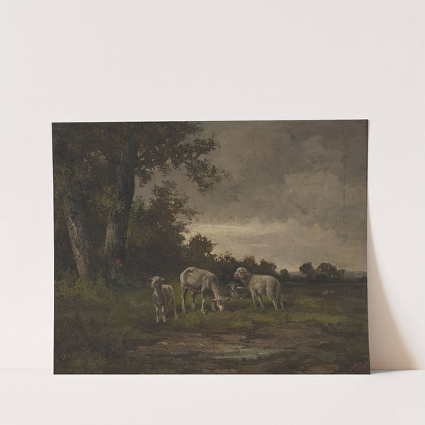 Sheep in the meadow at the forest edge by Michał Elwiro Andriolli