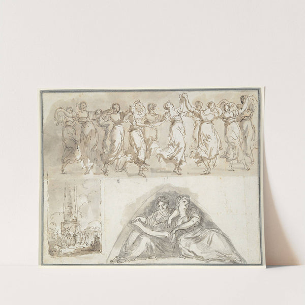Sheet of Sketches; Frieze of Dancing Women, Dancing Women at the Foot of an Obelisk, and Two Seated Female Figures in a Pendentive (ca. 1798) by Hubert Robert