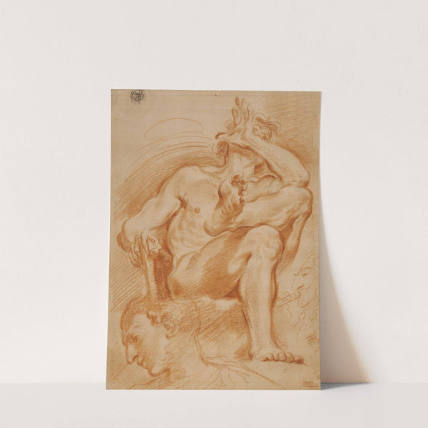 Sheet of Studies; A Seated Nude Man, A Youthful Head and a Caricature Head of a Man Playing a Pipe by Domenico Maria Canuti