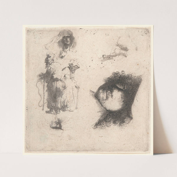 Sheet of Studies; Head of the Artist, a Beggar Couple, Heads of an Old Man and Old Woman (1632) by Rembrandt van Rijn