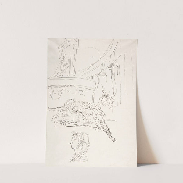 Sheet of Studies, Including a Roman Head, a Male Figure on a Pyre, and a Colonnade. by Luis Paret y Alcázar