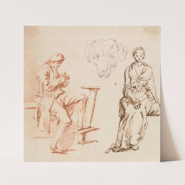 Sheet of Studies: Seated Man, Headof a Dog, Seated Woman (1700s) by Claude-Joseph Vernet