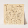 Sheet of Studies with a Soldier Drawing a Sword, a Crucifix, Monstrous Animals, and Other Figures by Neapolitan 17th Century