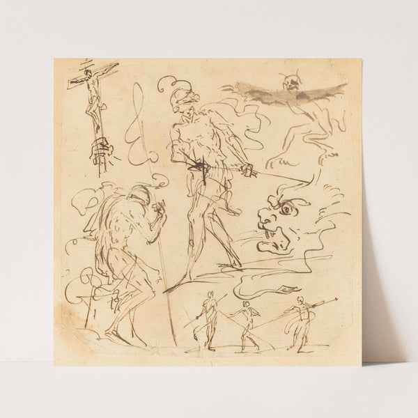 Sheet of Studies with a Soldier Drawing a Sword, a Crucifix, Monstrous Animals, and Other Figures by Neapolitan 17th Century