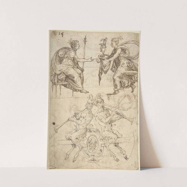 Sheet with multiple Designs; Figurative Scene with Two Women (top) and Two Satyrs Playing Horns, Seated Back to Back (bottom) by Andrés de Melgar