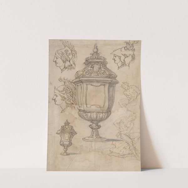 Sheet with sketches and designs for two vases, three classical heads en profil and two slave figures by Giovanni Battista Foggini