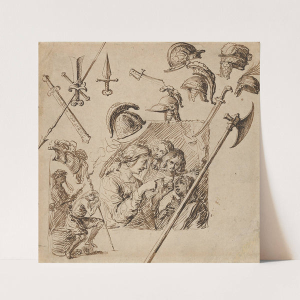 Sheet with Two Figural Compositions and Studies of Helmets and Arms ca. (1620–29) by Jacob de Gheyn II