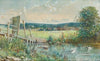 Shepherd and his flock, in a river meadow