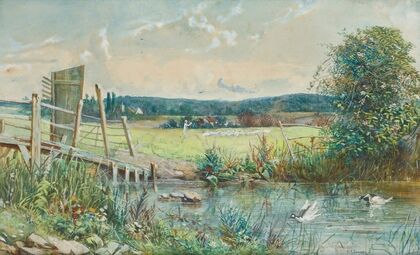 Shepherd and his flock, in a river meadow