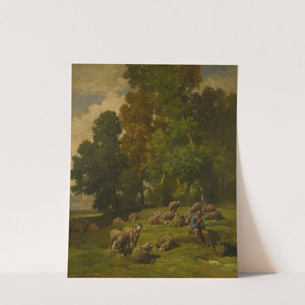 Shepherd In A Field With His Flock by Charles Emile Jacque