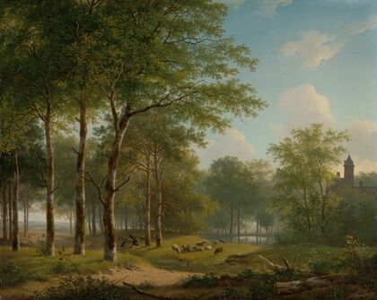 Shepherd resting on a country lane near a castle (circa 1830-35)