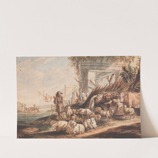 Shepherd with a flock of sheep and a cow among ruins by Jan Baptist Weenix