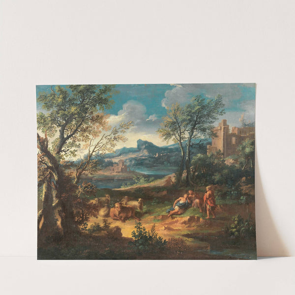 Shepherds resting with their flock by a river by Michele Pagano