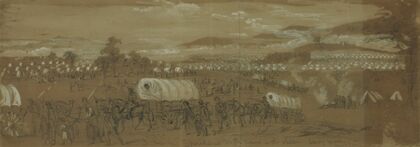 Sheridans Wagon Trains in the Valley. Early morning mist and smoke