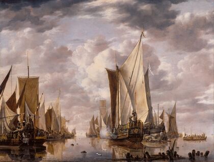 Shipping in a Calm at Flushing with a States General Yacht Firing a Salute